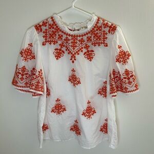Boden White Blouse with Red Embroidery